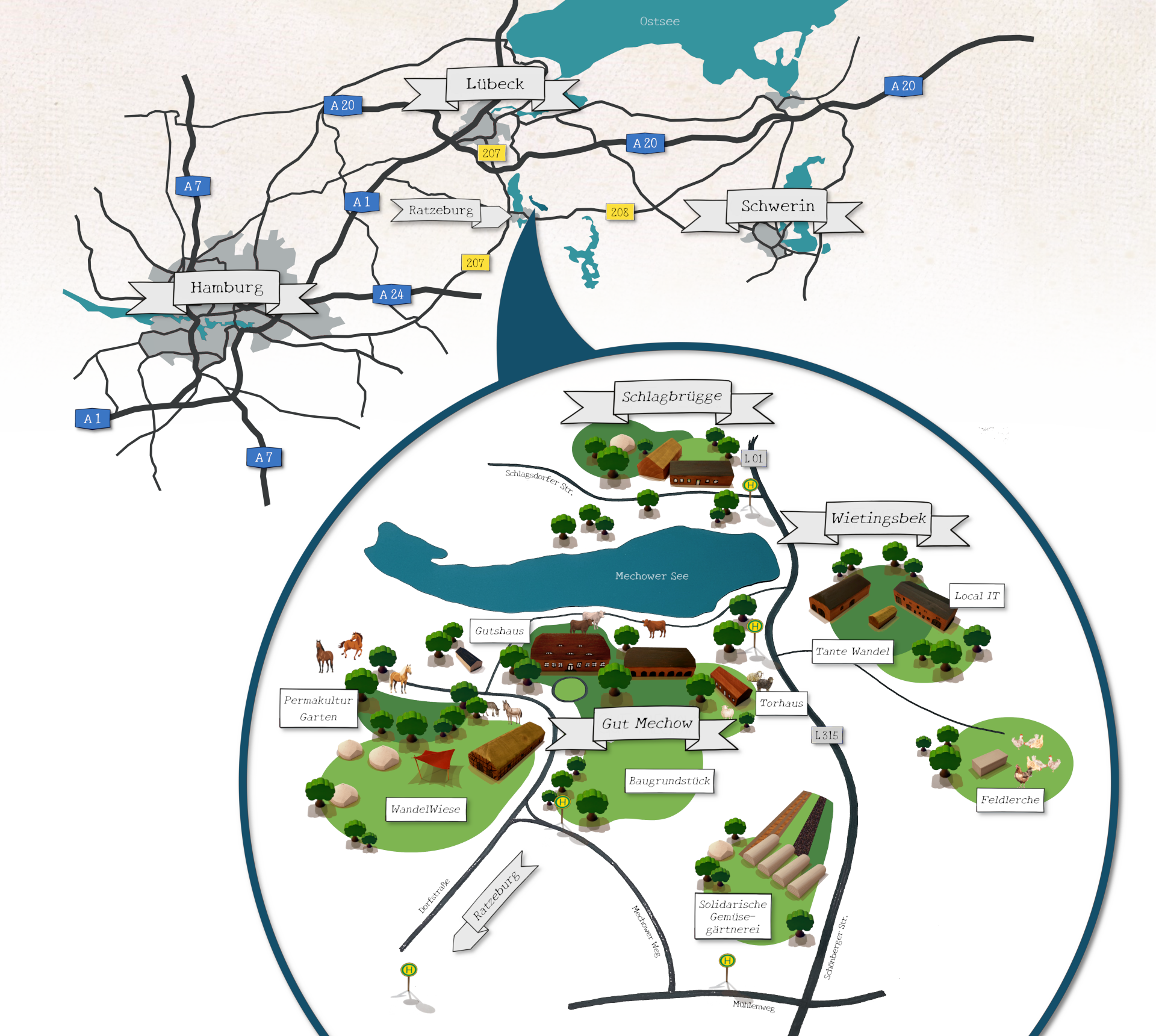 Karte vom WandelGut mit Straßen und ÖPNV