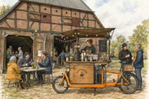 Ein Coffebike vor einer alten Scheune